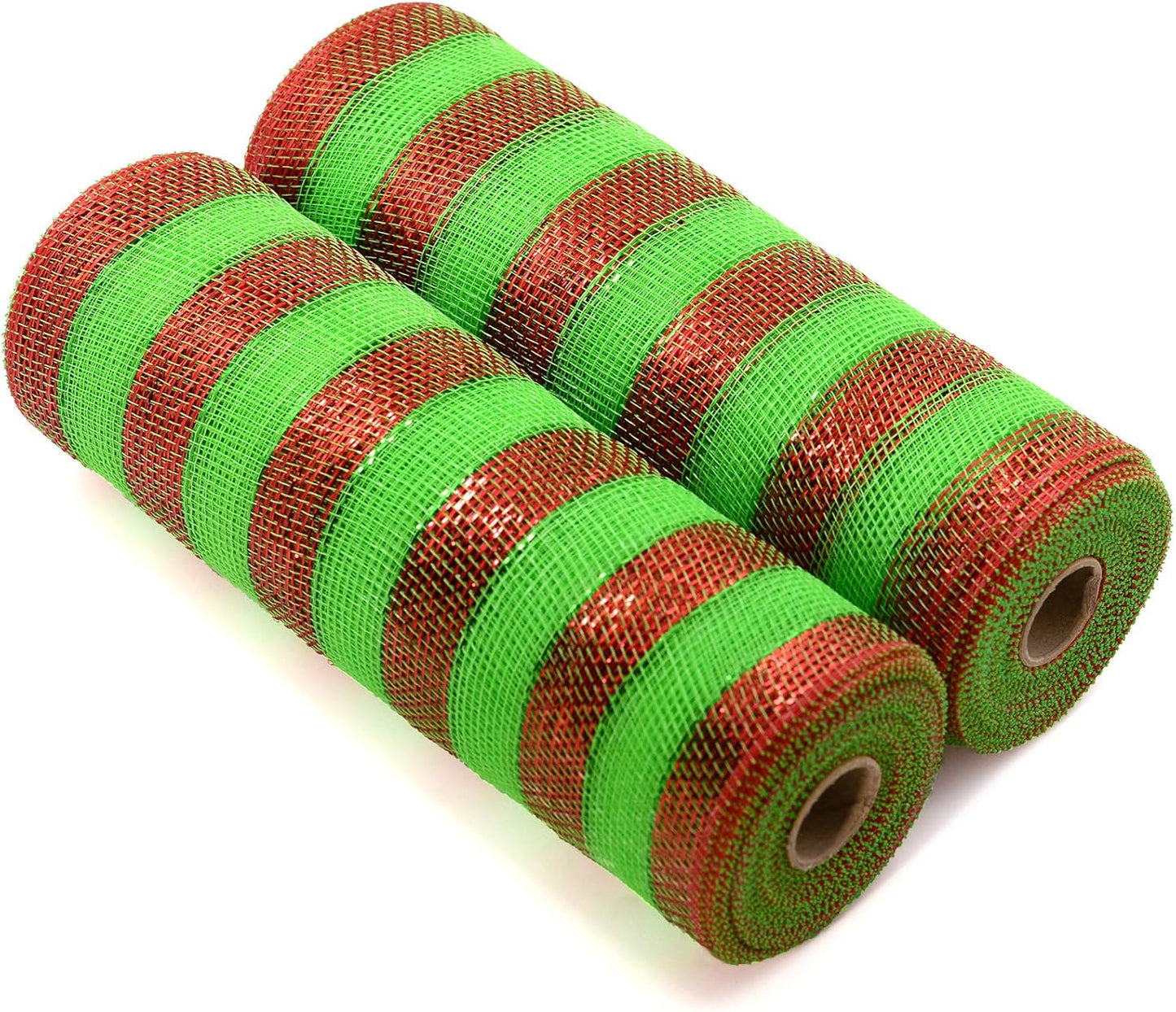 Koopi Deco Mesh 10 inch x 10 Yards Each Roll, Set of 2 Green and Red Metallic foil Stripe Poly Mesh Ribbons for Wreaths, Swags, Craft, Party and Decorating Supplies- 2 Rolls