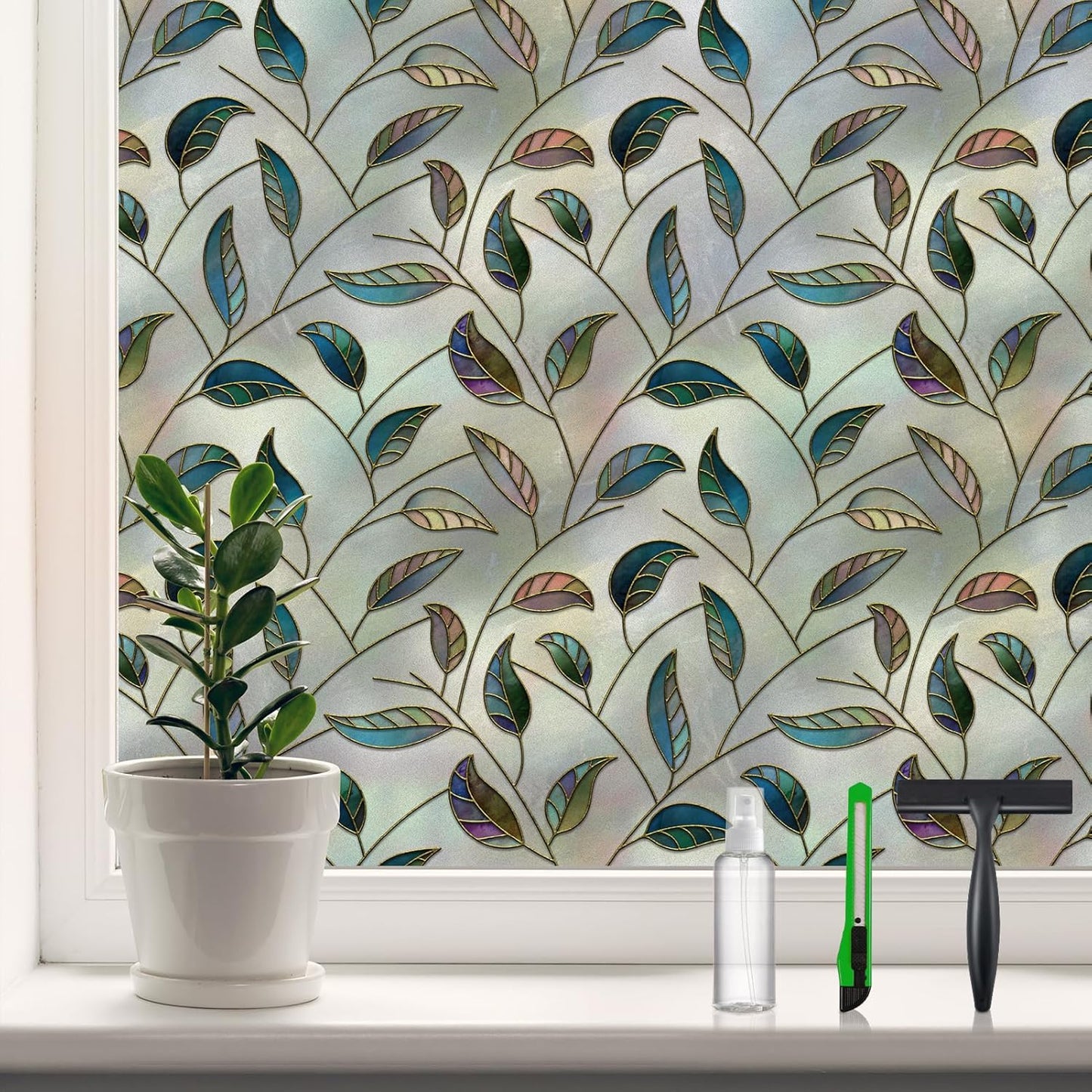 DKTIE Static Cling Decorative Window Film Vinyl Non Adhesive Privacy Film with Installation Kit, Multilayer UV Inkjet Technology, 3D Thickened Stained Film, Vintage Leaf Pattern, 17.7 x 78.7 Inches