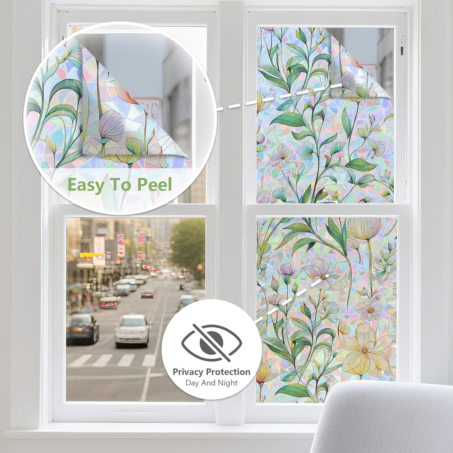 FINNEZ Window Privacy Film Stain Glass Film Flowers Rainbow Window Film Window Clings Non-Adhesive Reusable Decorative for Home（Forest Rainbow，23.6 Inch x 13.1 Feet）