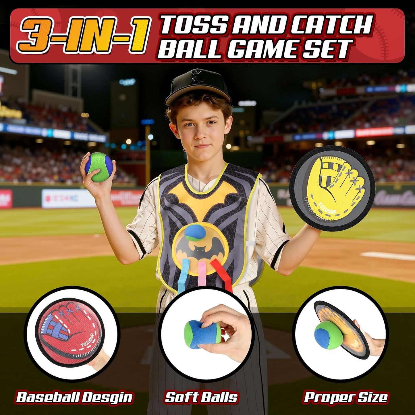 3-in-1 Toss and Catch Ball Game Set, Kids Toddler Baseball Glove, Beach Games Outdoor Yard Lawn Toys for Kids & Family, Birthday Gifts Toys for 3 4 5 6 7 8-12 Year Old Boys and Girls