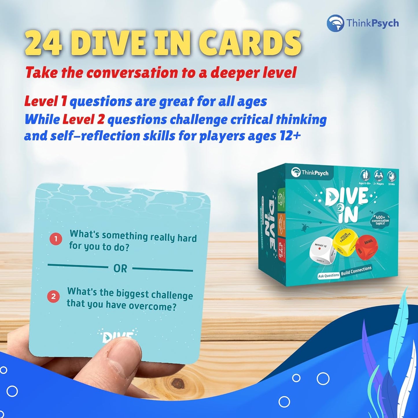 ThinkPsych Dive in - SEL Conversation Dice Game with 400+ Topics | Therapy Games for Kids & Teens | Social Emotional Learning for Home & School | Play Therapy & Counseling Toys | Ages 6-99