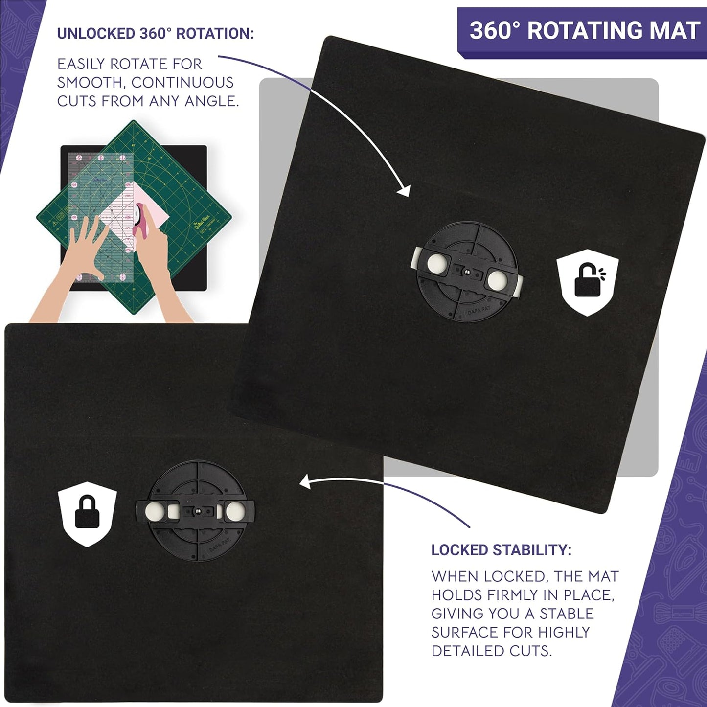 The Quilted Bear Rotating Cutting Mat 7" x 7" - Locking & Rotating Self Healing Cutting Board for Sewing, Fabric & Effortless Quilting - 360 Degree Sewing Supplies Mat for Craft Table (Pink)