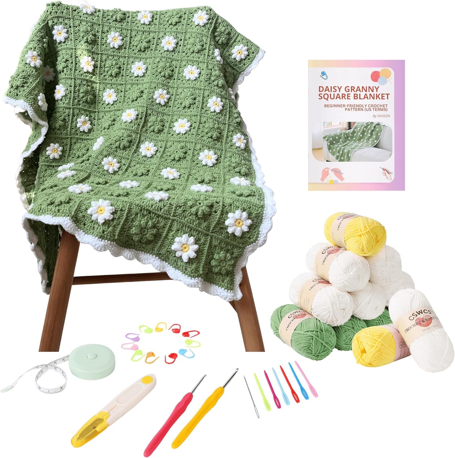 CSWCS Crochet Blanket Kit for Beginners, Daisy Granny Square Throw Kit for Adults, Easy Learn How to Knitting with Yarn & Hook, Complete Starter Set with Step-by-Step Instructions (39" x 31")