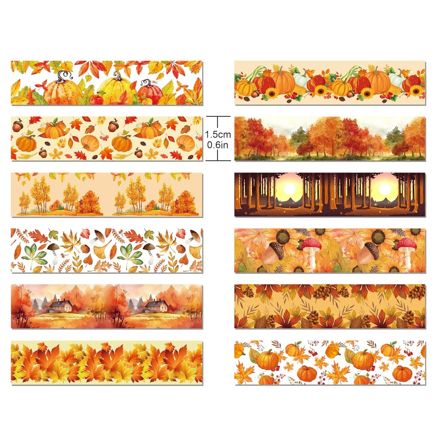 12 Rolls Fall Washi Tape, Thanksgiving Autumn Maple Leaves Pumpkin Masking Washi Tape Thanksgiving Harvest Decorative Tape Sticker for Scrapbook, Journal, DIY Craft, Gift Wrapping, Card Making