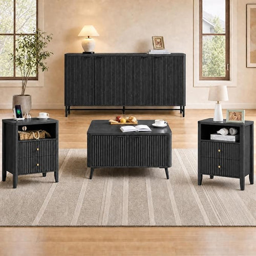 4-Piece Fluted Living Room Furniture Set, Lift Top Coffee Table, Buffet Cabinet by Fatmok