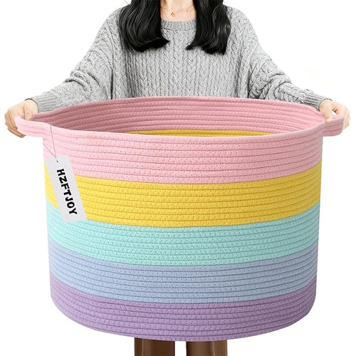 90L Large Blanket Basket, 21.7"L x 21.7"W x 13.8"H Rope Woven Baskets by HZFTJOY