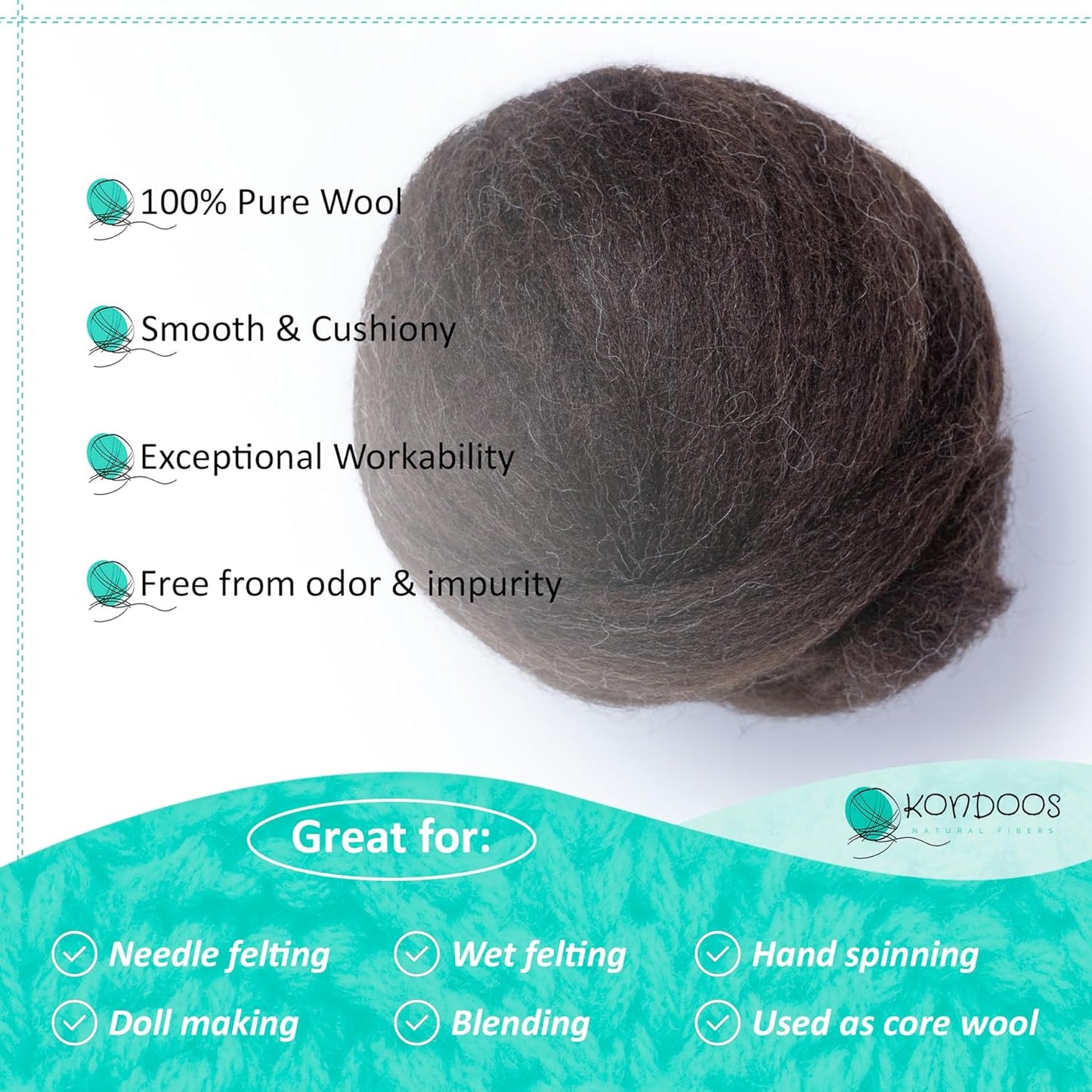 Kondoos Natural Wool roving, 8 OZ. Best for Needle Felting, handcrafts and Spinning. Natural Colours, un-Dyed. (Brown Dark Chocolate, 8 oz)