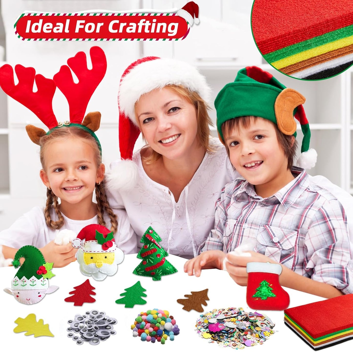 gisgfim 42Pcs Christmas Felt Fabric Sheets 8 x 12 Inch Red Green Black Assorted Soft Thick Felt Pack with Wiggle Google Eyes Pom Poms Glitter Patchwork Craft for DIY Sewing Creative Art Project Decor