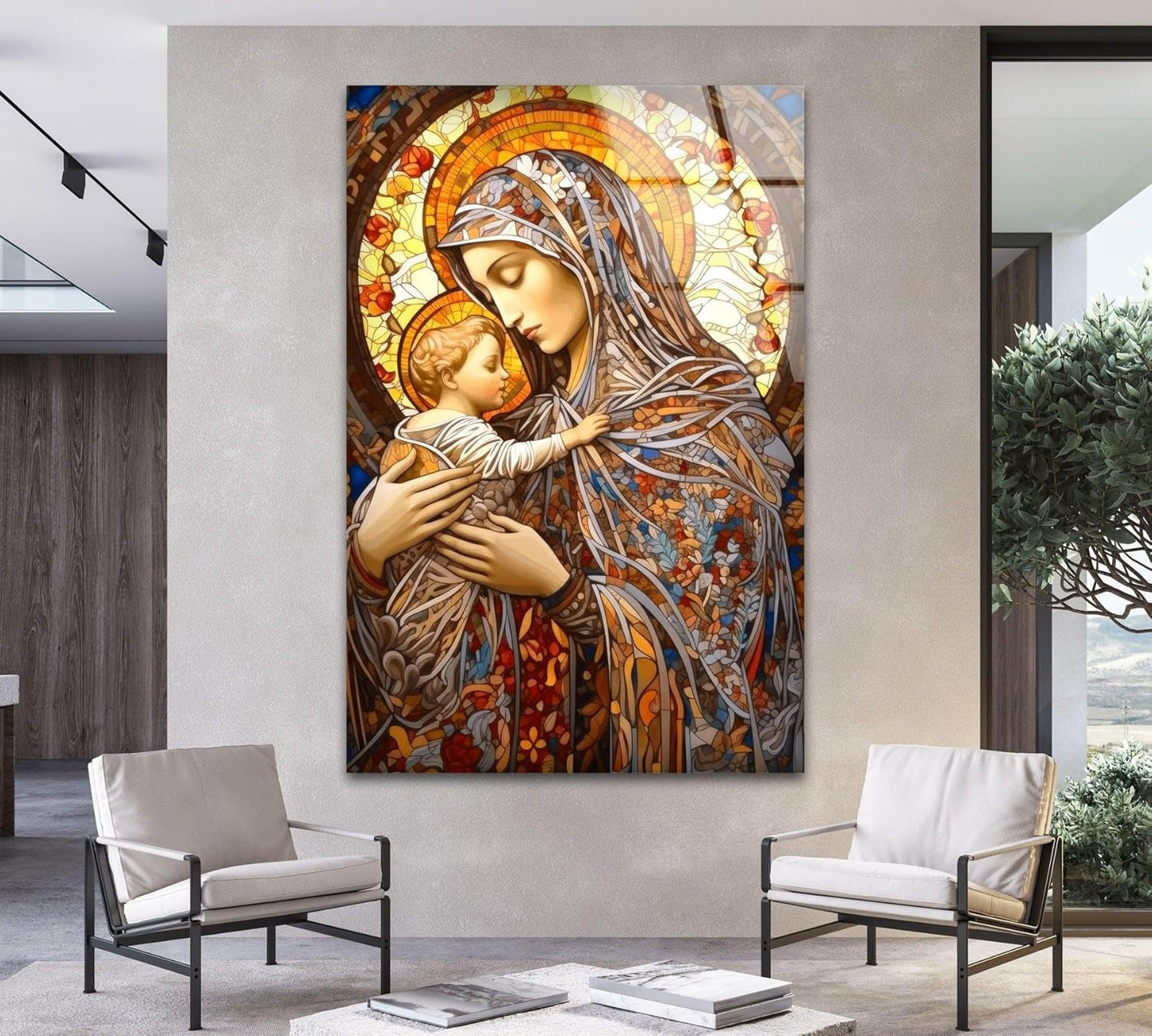 My Photostation.com Round 31,5'' Jesus and Virgin Mary Glass Wall Art Tempered Glass Printing Wall Decor Large Wall Art Wall Hangings