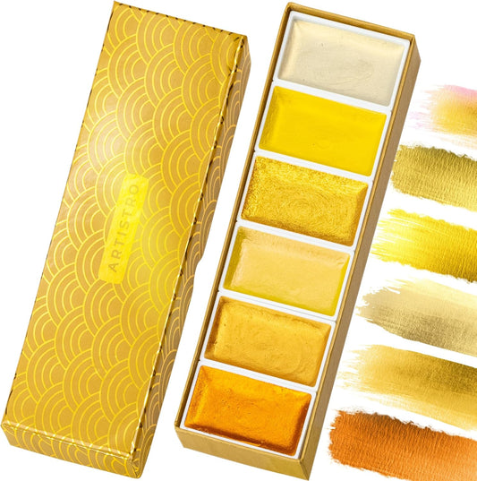ARTISTRO Professional Metallic Watercolor Paint Set for Adults - 6 Pigment-Rich Gold Colors, XL Pans, ASTM-I Lightfastness, High Tinting Strength Watercolor Set for Professionals made by professionals