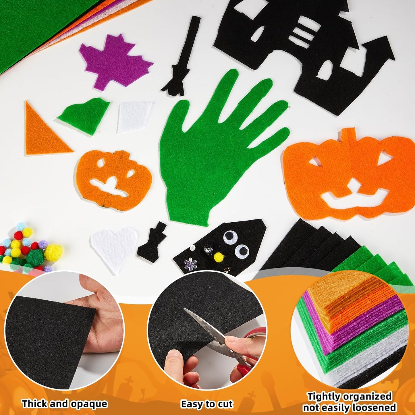 42Pcs Halloween Felt Fabric Sheets 8 x 12 Inch Black Purple Assorted Soft Thick Felt Pack with Wiggle Google Eyes Pom Poms Glitter Patchwork for Halloween DlY Sewing Creative Art Project Decor