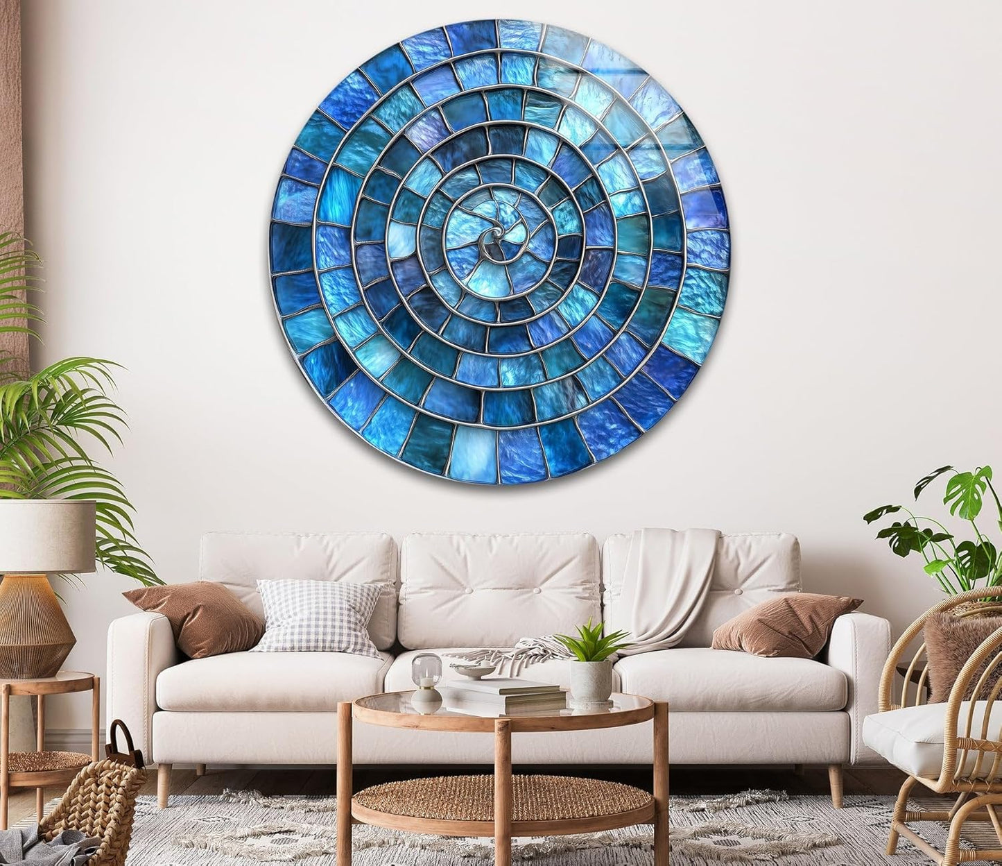 My Photostation.com 24''(60cm) Diameter Blue Aqua Spiral Harmony Round Glass Wall Art Tempered Glass Printing Wall Decor Large Wall Art Wall Hangings