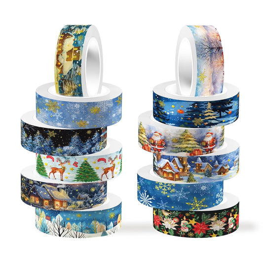 12 Rolls Christmas Washi Tapes, Christmas Tree Snowflakes Santa Claus Masking Tape, Gold Foil Winter Xmas Decorative Tape for Planner Scrapbook Journal DIY Arts Craft Gift Wrapping 16.4FT