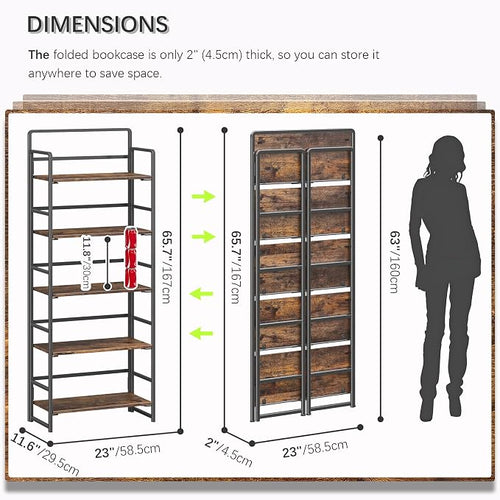 4NM No Assembly 5 Tiers Folding Bookshelf Storage Shelves Vintage Bookcase - Image 2