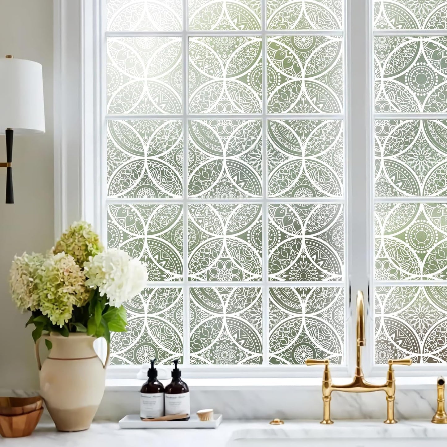 DKTIE Bohemian Decor Stained Glass Window Film with Installation Tools, Two-Way Window Privacy Film, Reduce Glare, Pure White, 35.4 x 78.7 Inch