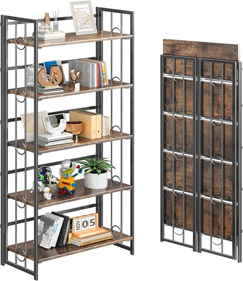 4NM No Assembly 5 Tiers Folding Bookshelf, 59.4" H Foldable Storage Shelves by 4NM