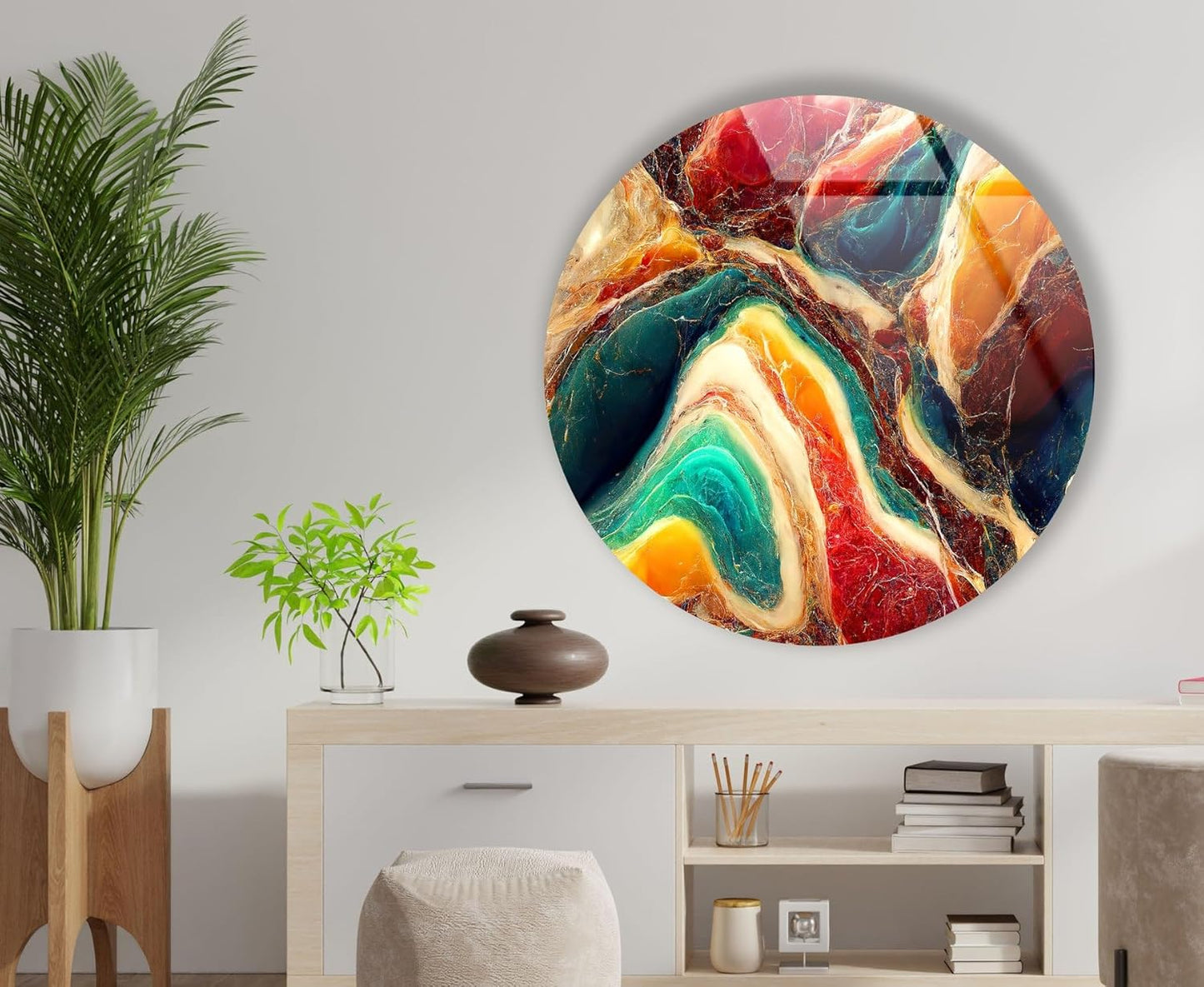 My Photostation.com 20''(50cm) Diameter Colorful Marble Swirl Round Wall Art Abstract Glass Decor with Earthy Tones & Gemstone Texture