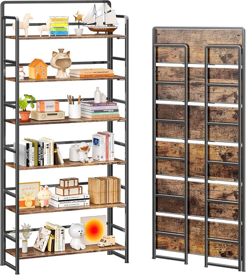 4NM No Assembly Extra Wide 6 Tiers Folding Bookshelf Storage Shelves Vintage by 4NM
