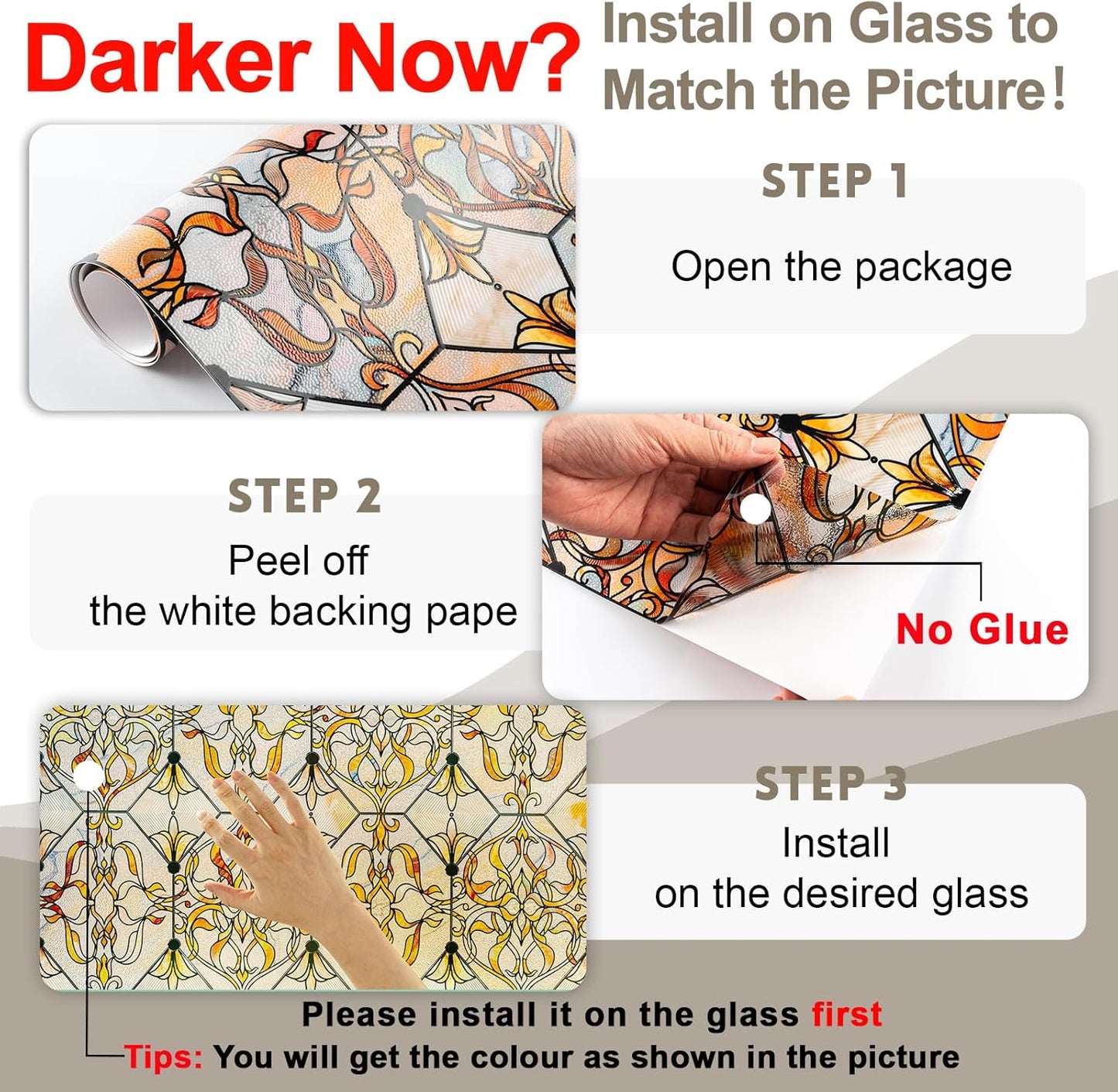 3D Stained Glass Window Privacy Film, Heat Control UV Blocking Static Cling Decorative Window Film for Bathroom,Front Door,Home Non Adhesive 35.4 x 78.7 inches Golden Filigree