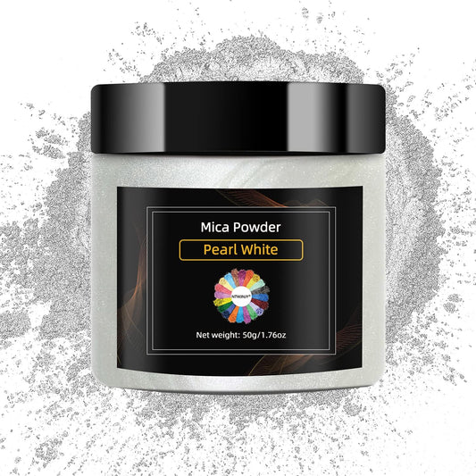 Pearl White Mica Powder for Epoxy Resin，Natural Shimmer Mica Powder Used for Coloring Resin Artwork, car Spray Paint, Candles, soap, Eye Shadow, Lip Gloss, Nail Polish(50g/1.7oz)