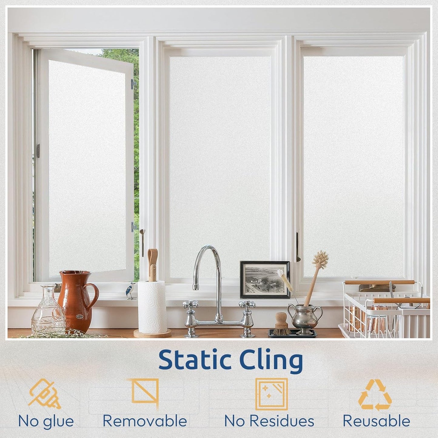 rabbitgoo Window Privacy Film, Non-Adhesive Frosted Glass Window Film for Bathroom, Static Cling Heat Blocking Stickers for Home Indoor Opaque Frosting Coverings House Tint, Matte White 35.4"x 118.1"