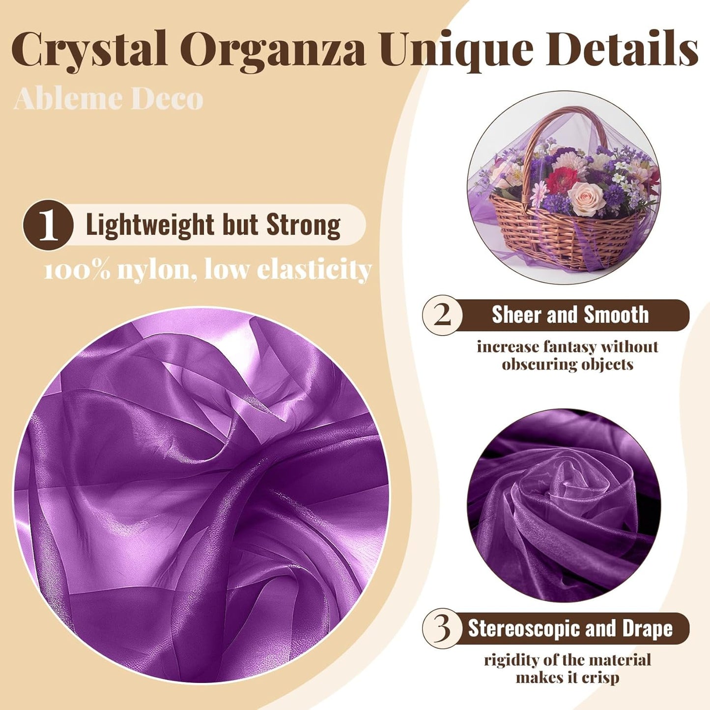 Organza Fabric by The Yard, 60 Inch Wide 3 Yards (9 ft) Long Sheer Fabric for DIY Sewing Projects Wedding Decorations Party Backdrops Curtains (Purple)