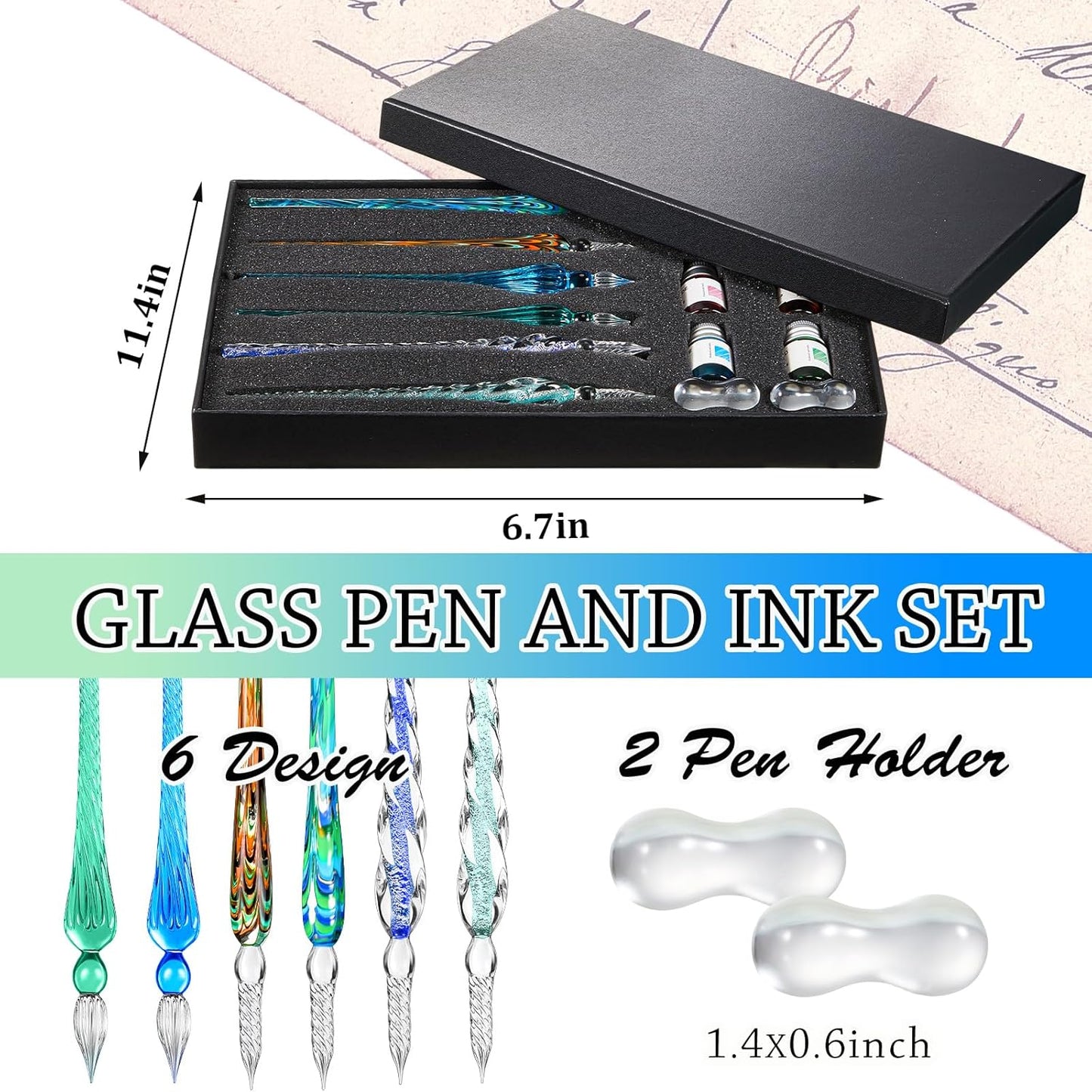 Zonon Glass Dipped Pen Ink Set 14 Pcs Include 6 Pcs Glass Dip Pen, 6 Colorful India Ink and 2 Holder Crystal Signature Calligraphy for Art, Writing, Signatures, Gift(Green Color System)