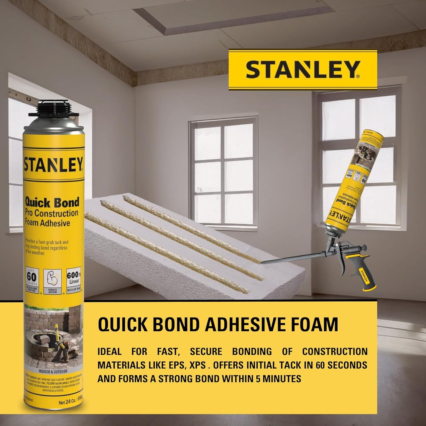 Stanley Quick Bond Adhesive Foam - 2x24oz, Reliable Bond Adhesive for Various Materials, Strong bonding, No Mixing, Gun Use, Gun NOT Included | 2 Pack