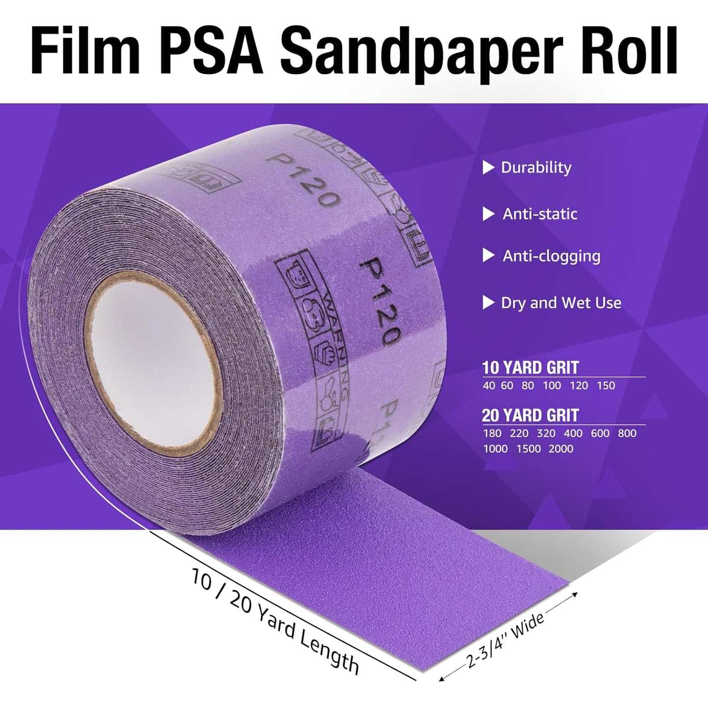 80 Grit PSA Purple Film Ceramic Sandpaper Roll, 2-3/4" Wide Continuous 10 Yard Longboard Sanding Roll Wet Dry Sanding Blocks Self Adhesive Sticky Back Sanding Sheets for Woodworking Automotive