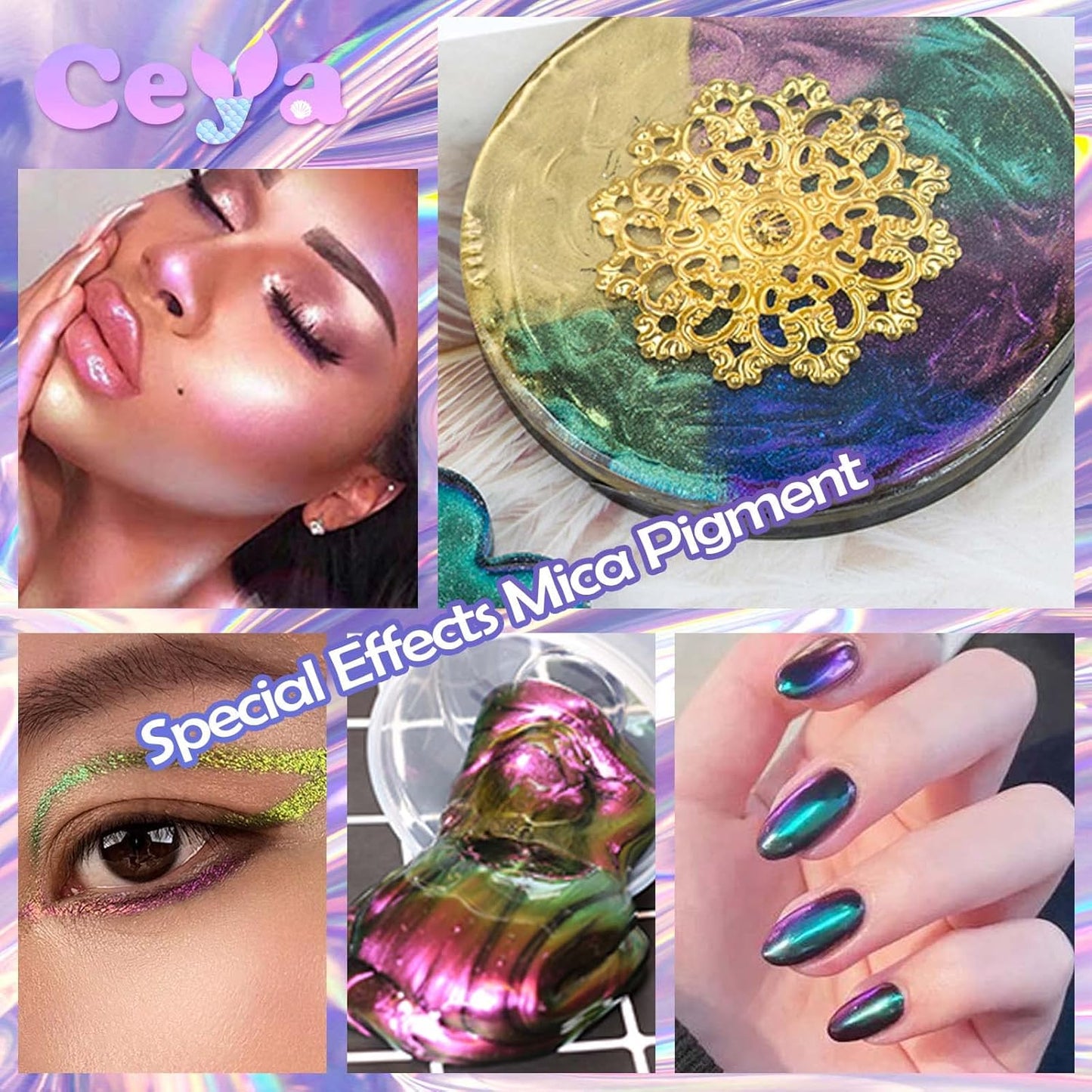 Ceya Chameleon Mica Powder, 1.8oz/ 50g Mermaid Chrome Nail Powder, Cosmetic Grade Pearlescent Effect Color Shift Pigment for Epoxy Resin, Makeup, Nail Polish, Soap Dye, Candle Making,Craft,Slime,Paint