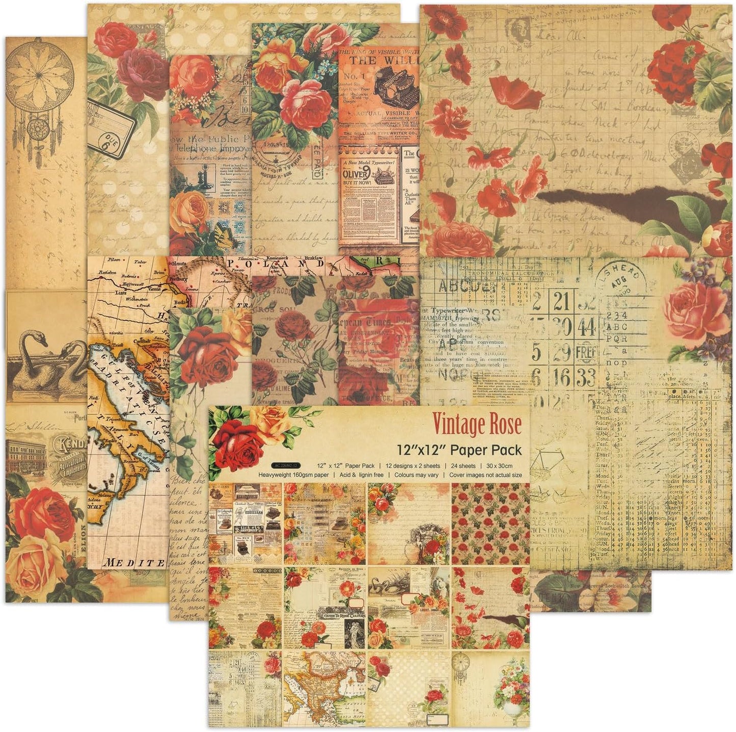 Vintage Scrapbook Paper 12 ×12 - 24Sheets Double-Sided Retro Rose Patterned Paper Junk Journaling Scrapbooking CardStock Papers Pad for Cardmaking DIY Origami Craft Papers.