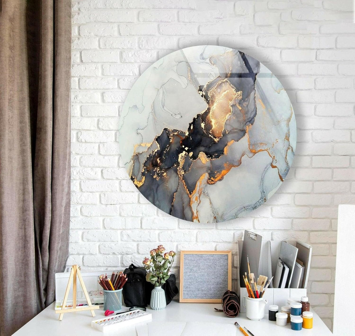 My Photostation.com 10''(25cm) Diameter Gold Details Gray Marble Round Glass Wall Art Tempered Glass Printing Wall Decor Large Wall Art Wall Hangings