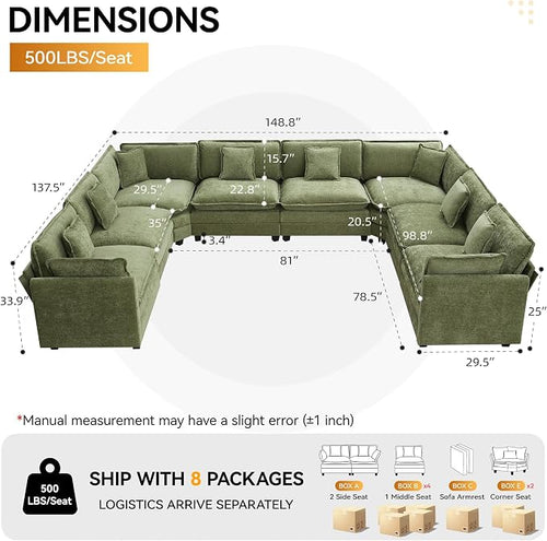 147'' Oversized U Shaped Cloud Sectional Sofa, Chenille Deep Seat Couches - Image 2