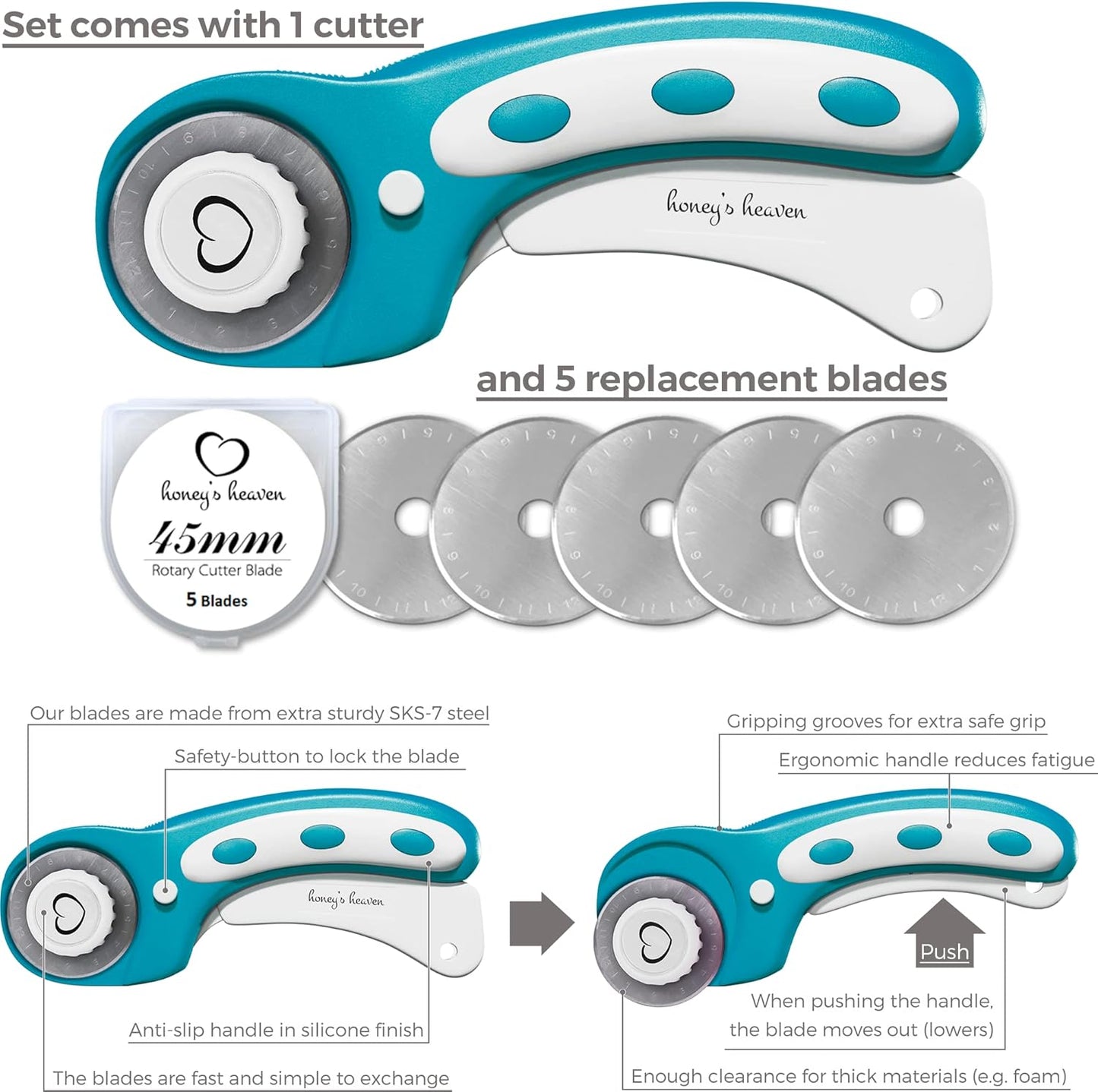 Rotary Cutter Set turquoise - Quilting Kit incl. 45mm Rotary Cutter, 5 Replacement Blades, A2 Cutting Mat, Acrylic Ruler and Craft Clips - Ideal for Crafting, Sewing, Patchworking, Crochet & Knitting