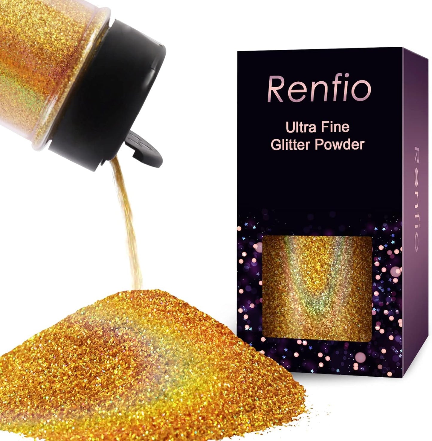 Renfio Holographic Ultra Fine Glitter Powder Metallic Resin Glitter 2.11 Oz (60g) PET Flakes Crafts Sequins 1/128" 0.008" 0.2mm Epoxy Chips Flakes for Tumblers Slime - Laser Light Gold