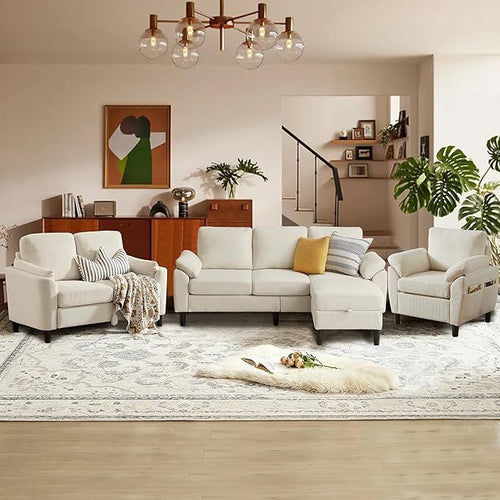 4 Piece Modern Corduroy Sofa Set, L-Shaped Sectional Couch by Firmacielu-CorduroyComfortableLivingRoomSofasforModernHome