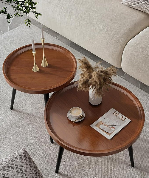 2-Piece Walnut Coffee Table, Durable Mid Century Small Round Coffee Tables by Home
