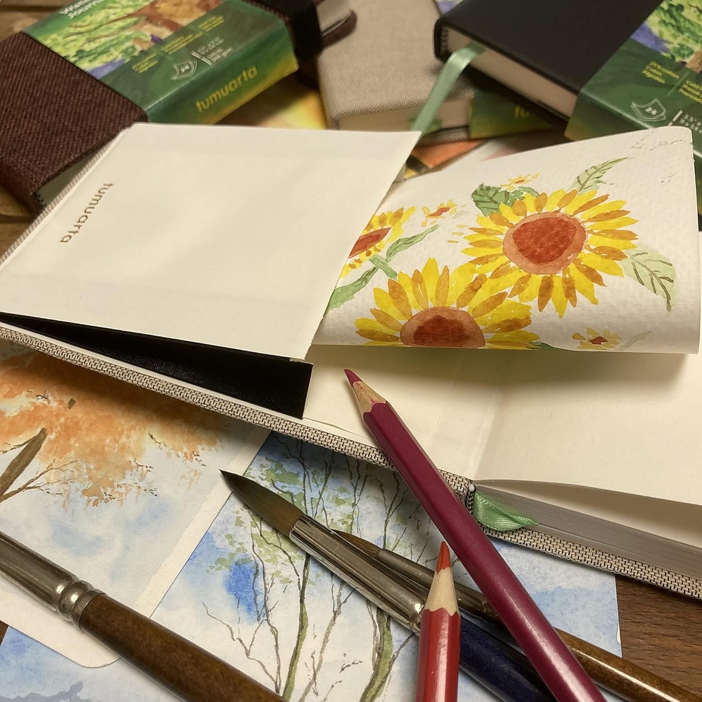 Watercolor Journal, 8.25x5.5, 140 LB, 300 GSM, tumuarta Cotton Paper, Cold Press, 24 Sheets, 48 Pages, Watercolor Paper Sketchbooks for Use As Travel Notebook and Mixed Media Pad