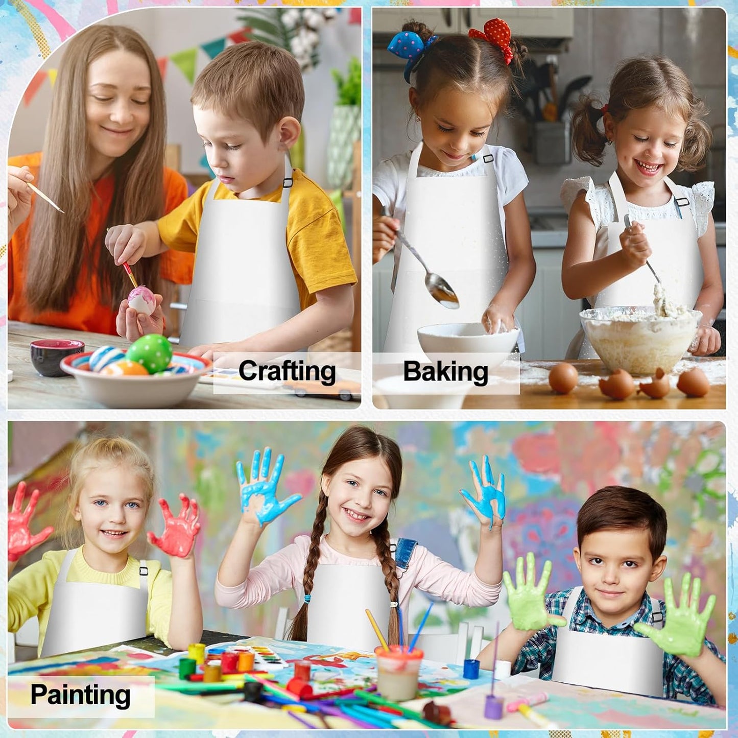 PLULON 10 Pcs Kids Apron Bulk Adjustable White Chef Apron with 2 Pockets Painting Aprons for Kids Cooking Baking Crafts (White)