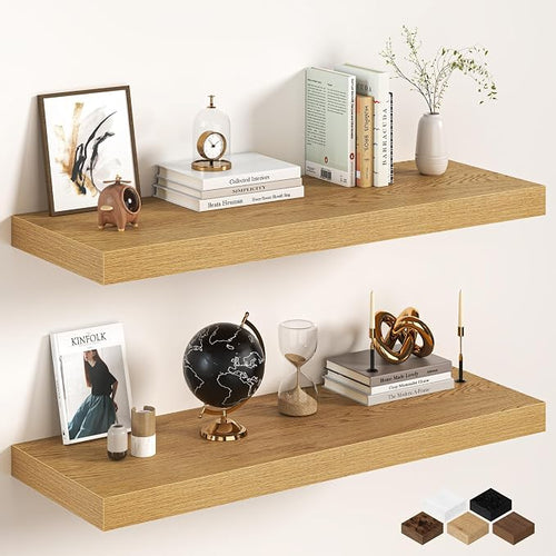 40Inch Oak Floating Shelves for Wall, 12 Inch Deep Shelves for Bedroom by FunMemories