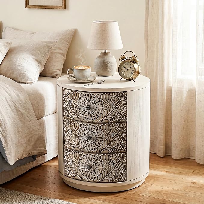 HOMPUS Round End Table Set 2, Fully Assembled Nightstand w 3 Storage Drawers - Image 7