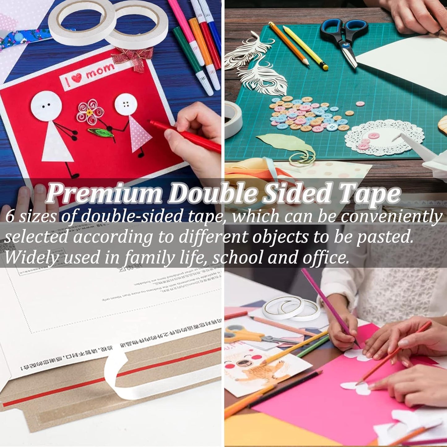 Double Sided Tape for Crafts, 6 Rolls Multi-Size Double-Sided Adhesive Tape for Arts, Photography, Gift Box, Scrapbooking, Card Making, Paper Backing