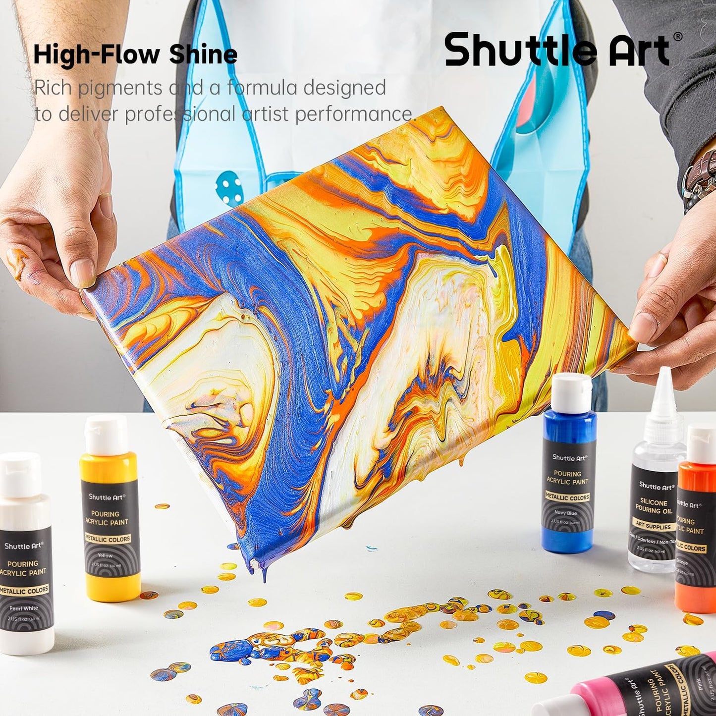 24 Pack Metallic Acrylic Pouring Paint, Shuttle Art 23 Metallic Colors Ready-to-pour Acrylic Paint with 1 Silicon Oil, 60ml/2oz Each, Rich Pigment, High Flow Pouring Paint Set for Canvas, Rock, Ceramic, Wood