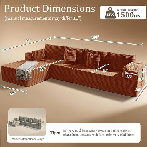 138" Cloud Sectional Couch, Comfort L Shaped Boneless Couch - Image 2