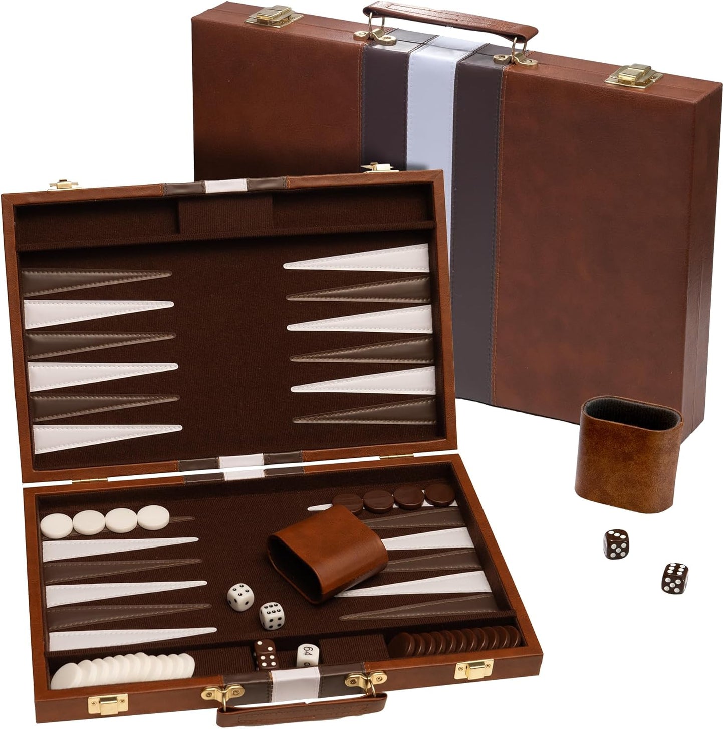 Backgammon Board Game, Deluxe Leather Like Case, Felt Interior, Brown, Classic Backgammon Game, Popular Board Game, Board Games (Small (11"))