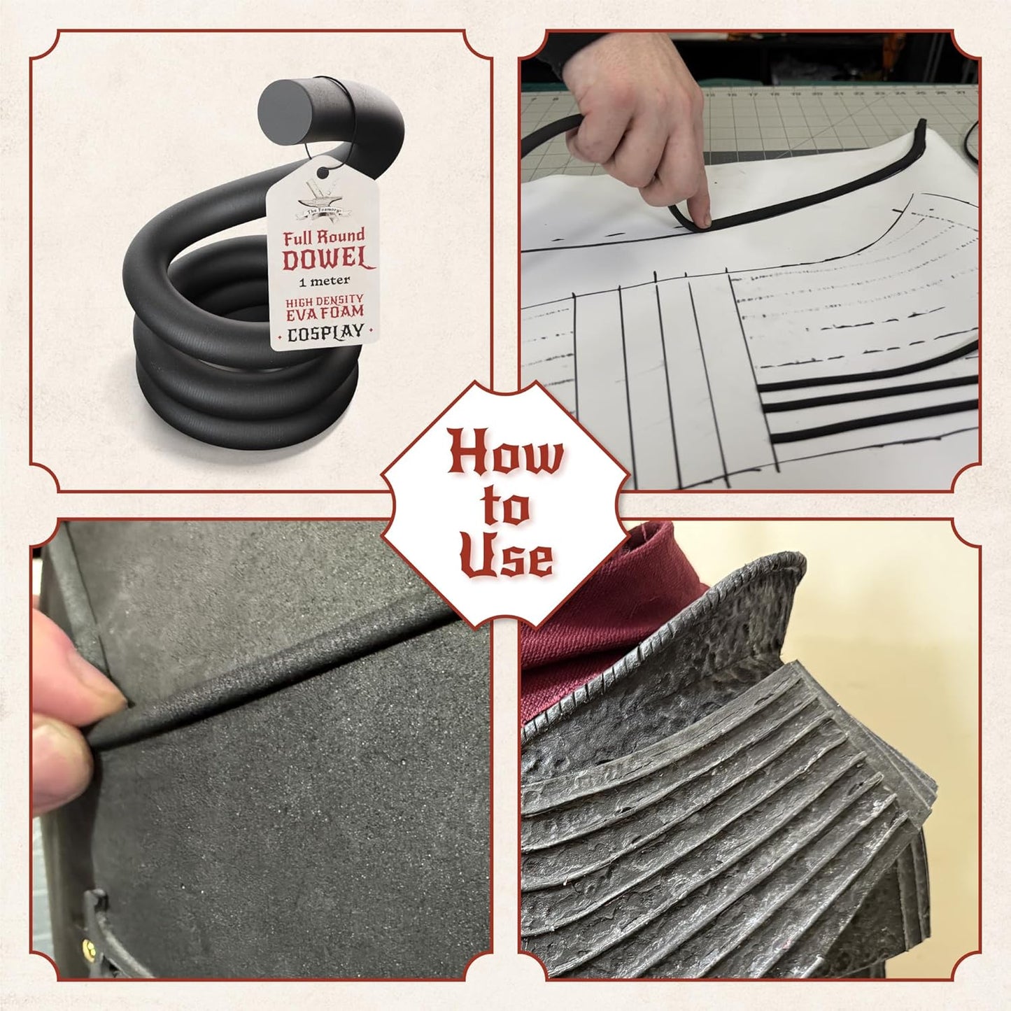 The Foamory's No Waste Full Round EVA Foam Dowels. 3 Pack 5-40mm x 1M High-Density Black Craft Foam Sticks. Pre-Cut, Paint-Ready Cosplay Trim. Time Saving, Bevel Enhances Armor, Weapons and Costumes