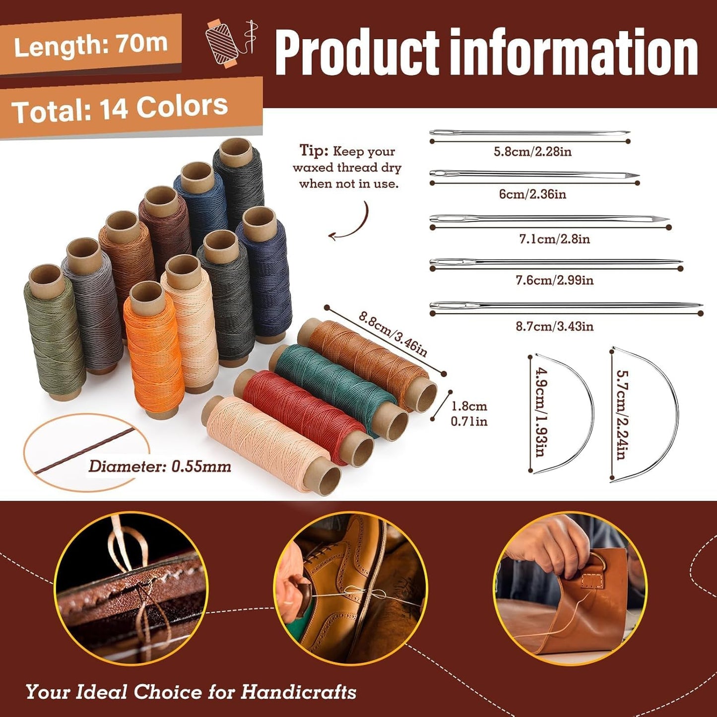 0.55 mm Round Waxed Thread, 14 Colors 76 Yards Spool Wax Coated String, Leather Sewing Waxed Thread for Sewing, Stitching, Beading, Bookbinding, Braiding, Bracelet