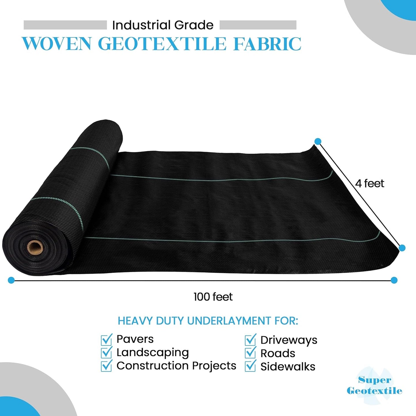 Woven Geotextile Fabric for Driveway and Road Stabilization, Construction Underlayment, Erosion Control, Commercial Grade 50 Year for Gravel Roads and Pavers (4x100)