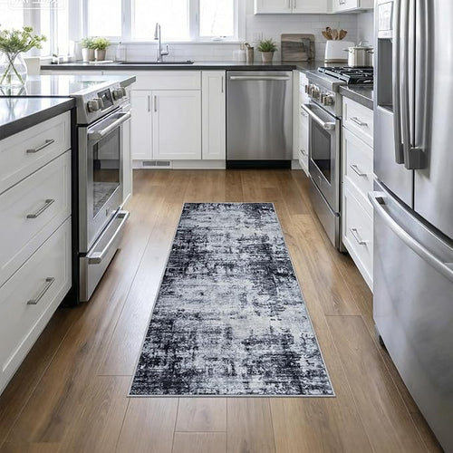 2'x6' Runner Rug Washable Rug: Modern Abstract Soft Thin Runner Rug Dark Black by FXRHLP