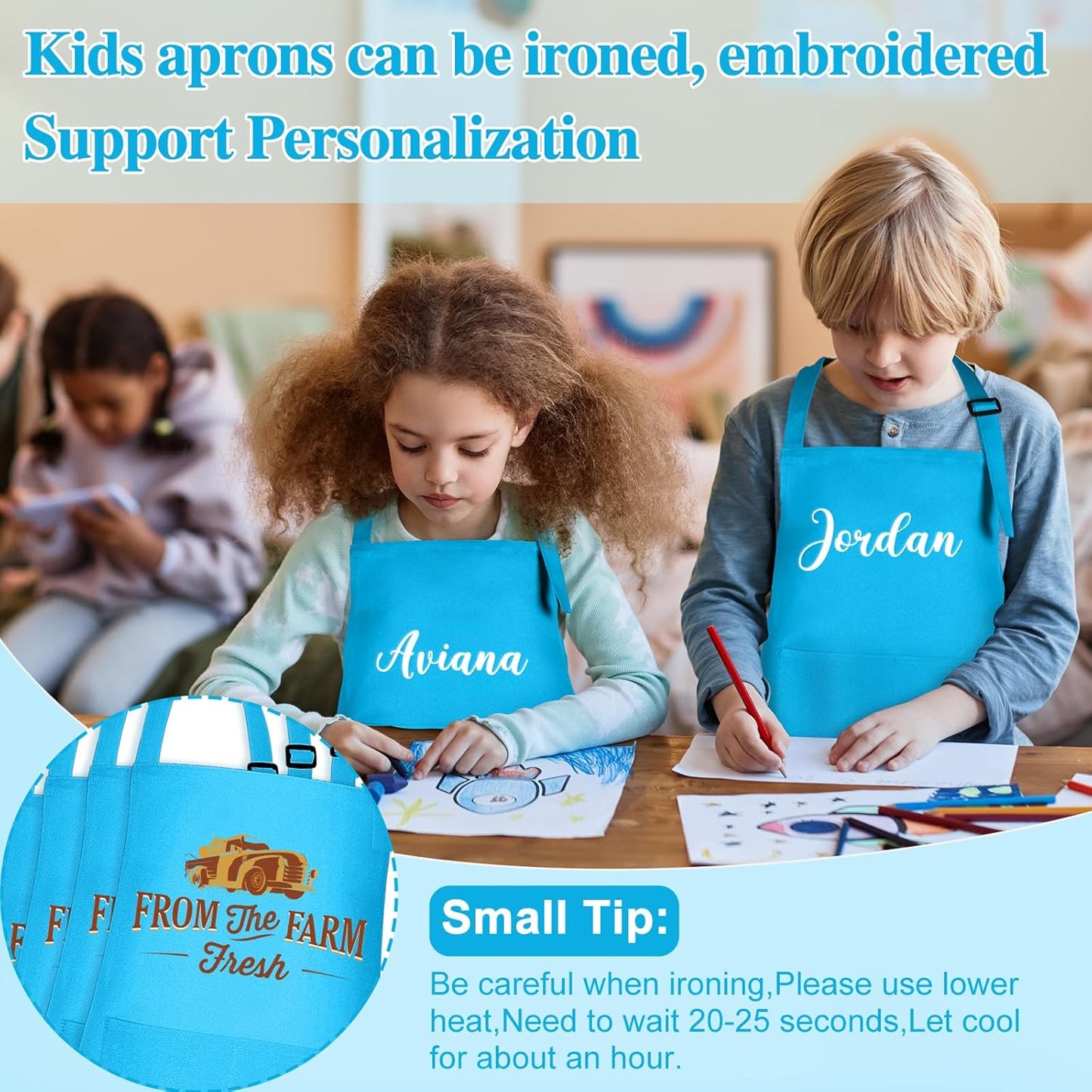 6 Pack Kids Apron Bulk with 2 Pockets Adjustable Chef Art Apron Kids Painting Aprons for Cooking Baking Painting Crafting Grilling Activity（Blue）